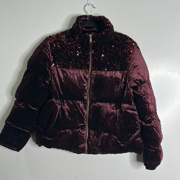 Anthropology Maeve Vera velvet burgundy sequins puffer jacket size medium - Picture 7 of 14